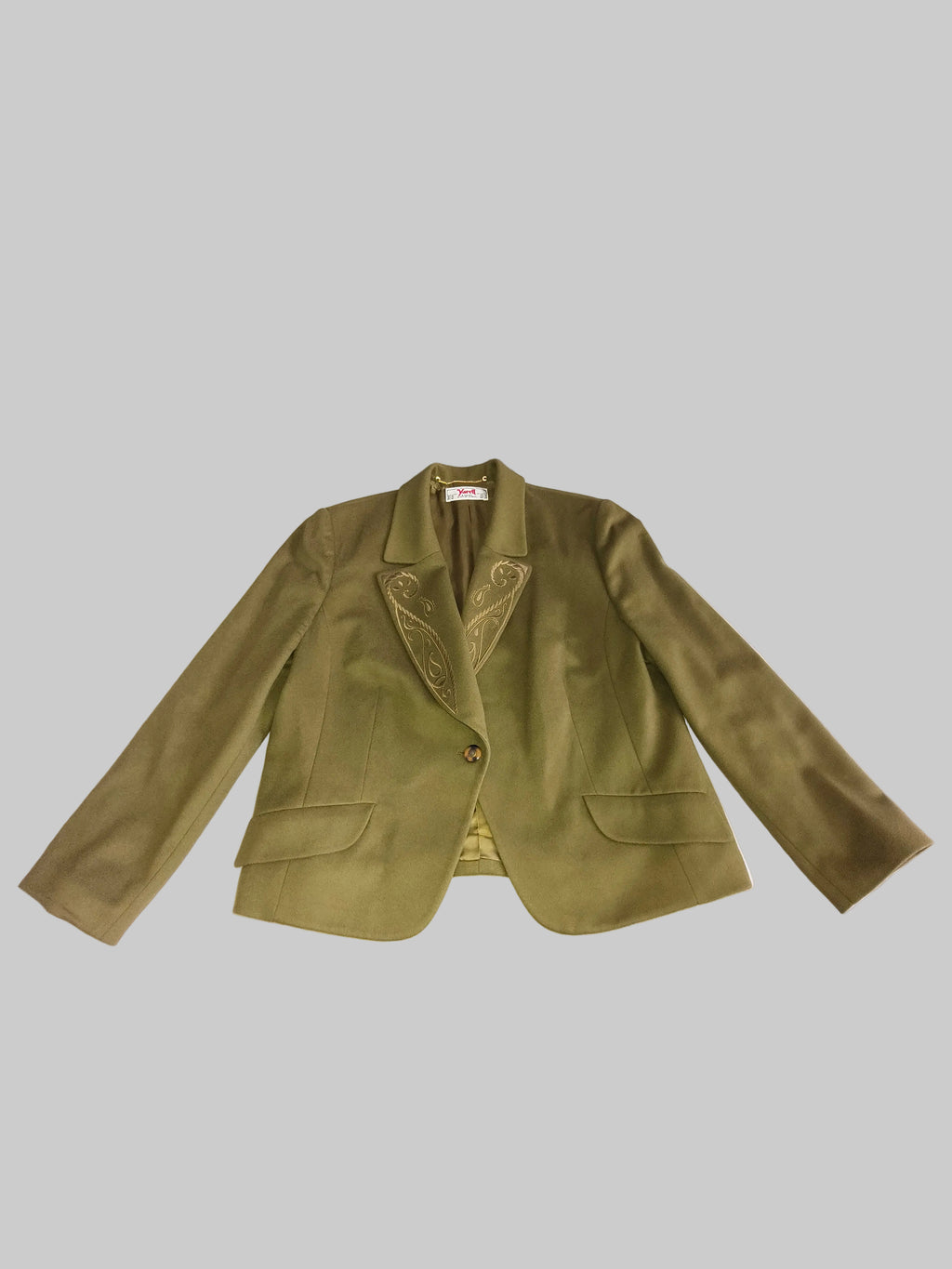 Żakiet Yarell Vintage Blazer — wełna z kaszmirem, oliwkowy, lata 80.