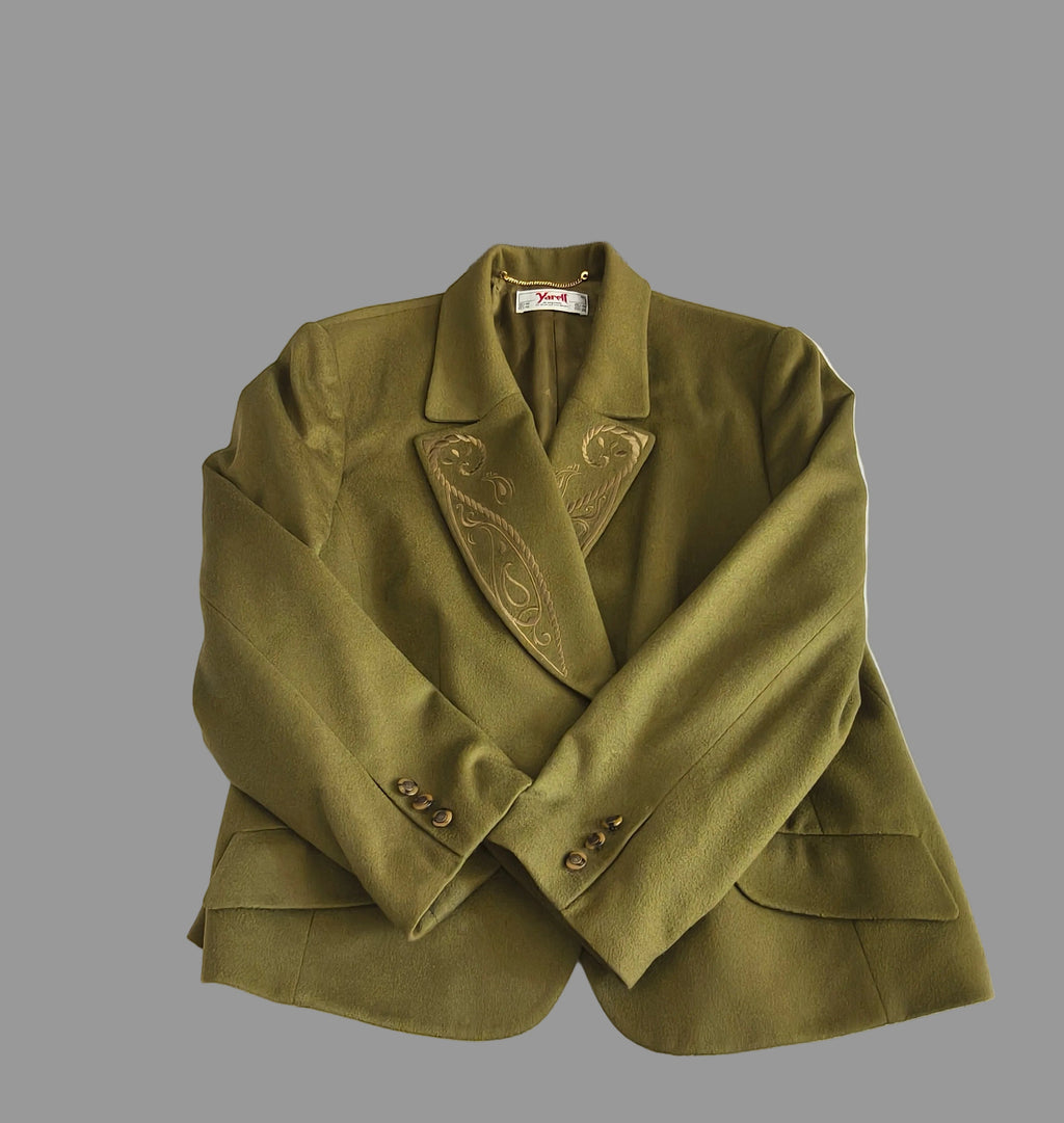 Żakiet Yarell Vintage Blazer — wełna z kaszmirem, oliwkowy, lata 80.