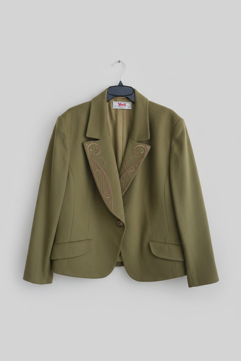 Żakiet Yarell Vintage Blazer — wełna z kaszmirem, oliwkowy, lata 80.