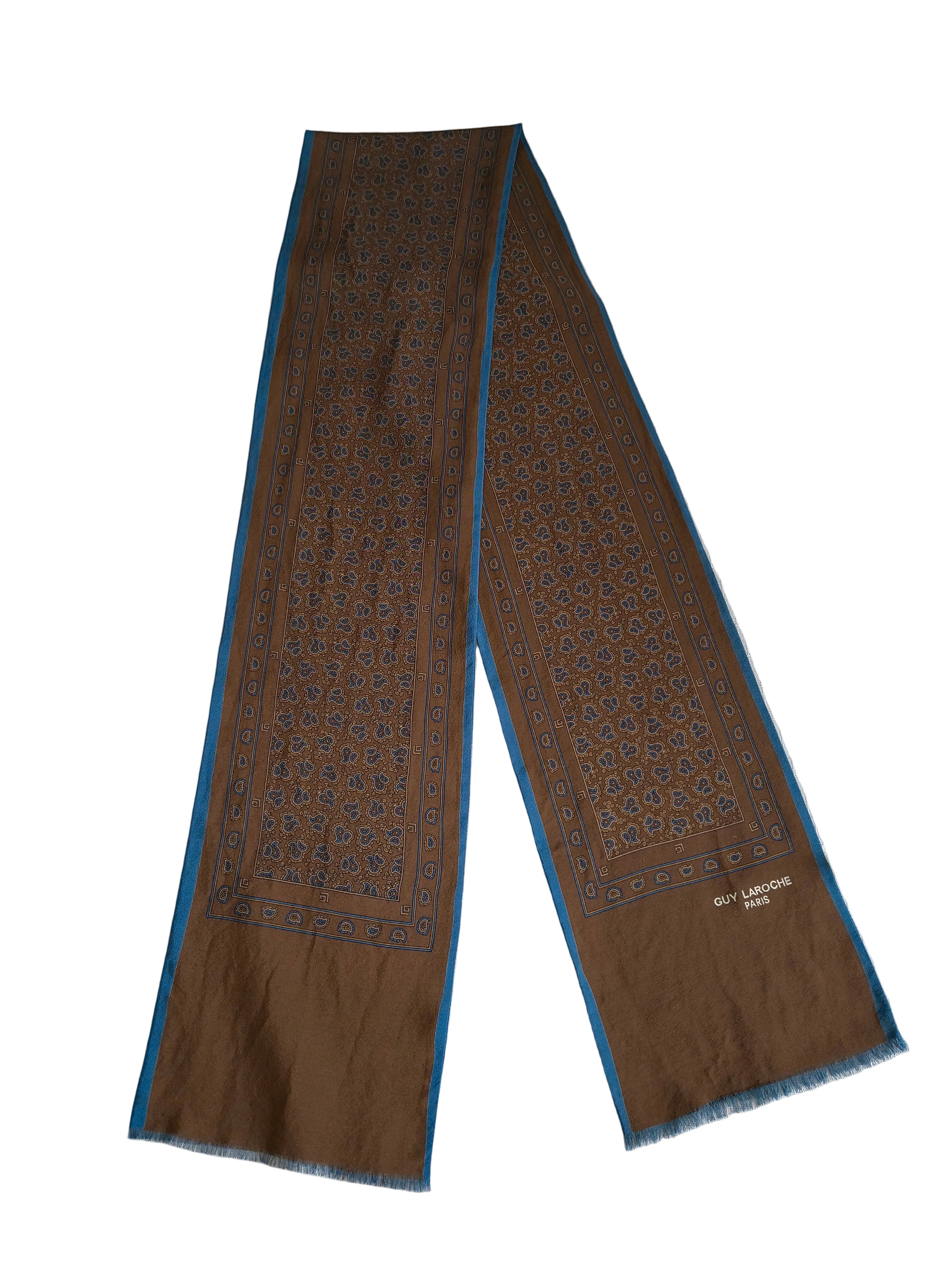 Guy Laroche Paris Fular meski jedwabny paisley brazowo-blekitny 134x15cm Made in Italy