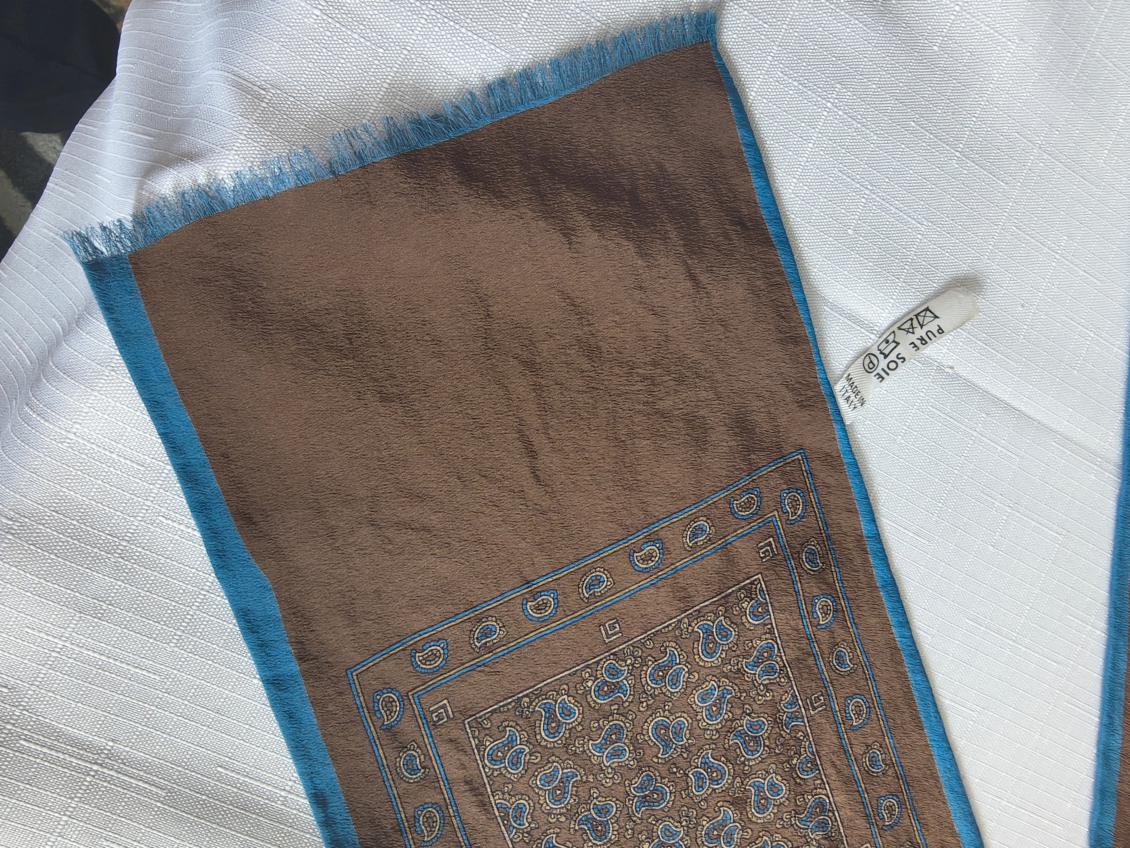Guy Laroche Paris Fular meski jedwabny paisley brazowo-blekitny 134x15cm Made in Italy